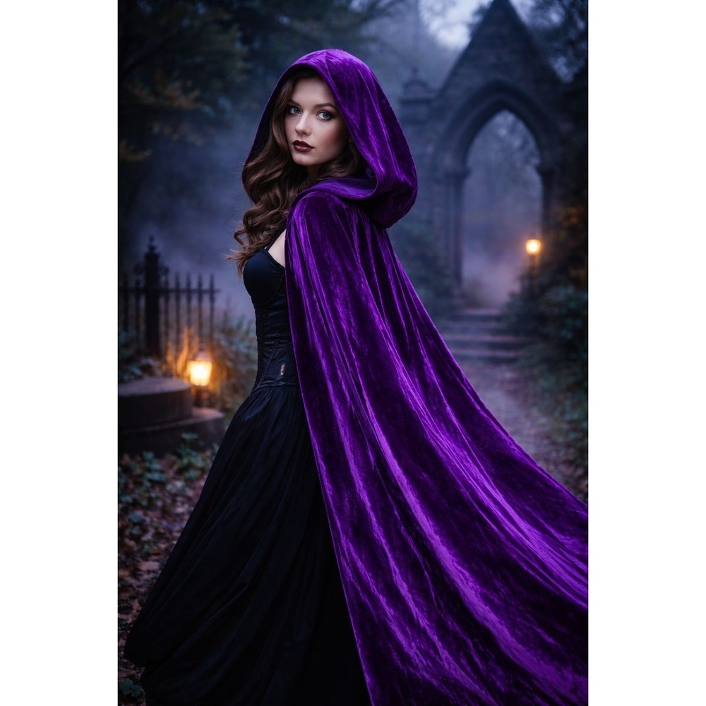 Evlatte Purple Velvet Hooded Cape Shawl 66"‎ Tall Whimsigoth Festival Goth NWT